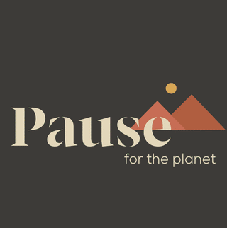 The words Pause for the planet appear next to a minimalist illustration of two orange mountains and a yellow sun on a dark background.