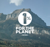 A mountain landscape with a cloudy sky. In the center, a circular logo with 1% FOR THE PLANET MEMBER is prominently displayed in white text.