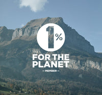 A mountain landscape with a cloudy sky. In the center, a circular logo with 1% FOR THE PLANET MEMBER is prominently displayed in white text.