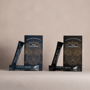 Two packages with sachets of Ancient + Brave Wild Collagen and True Collagen on a beige background.