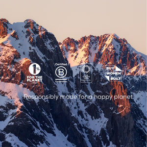 A sunrise over snow-capped peaks with four certification logos and text: Ancient + Brave Noble Collagen—responsibly made for a happy planet, perfect for joint support and active living.