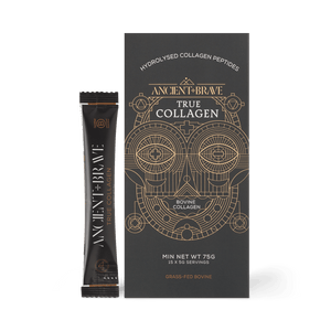 true collagen sachet by Ancient + Brave featured in a black box with gold lettering and image
