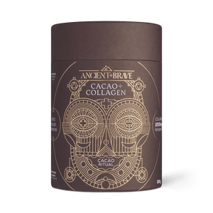 A cylindrical dark brown container of Ancient + Brave US Cacao + Collagen displays gold geometric artwork and text, highlighting hydrolyzed bovine collagen peptides and describing it as a South American cacao ritual.