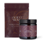 A packet and a jar of Ancient+Brave Noble Collagen supplements, featuring geometric gold designs and text on a dark burgundy background. The packet stands upright, and the jar has a black lid and label.