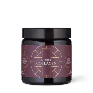 A dark glass jar labeled Ancient + Brave Noble Collagen features a maroon and gold geometric design, highlighting joint support and active lifestyle. Contains 90 Type I Collagen capsules for Active Day Wellbeing.