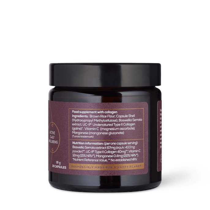 Jar of type II hydrolysed collagen capsules from Ancient and Brave