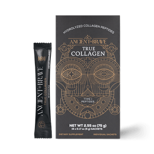 A box of Ancient + Brave True Collagen hydrolyzed collagen peptides with geometric gold artwork on a black background. A single individual sachet is shown next to the box.