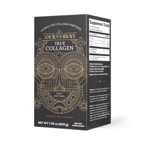 A black and gold box of Ancient + Brave True Collagen showcases geometric design and highlights Hydrolyzed Bovine Collagen (Type I) sourced from EU cattle to support whole body health, with supplement facts displayed on the label.