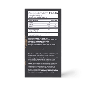 A black label displays supplement facts for True Collagen by Ancient + Brave, listing serving size, calories, sodium, dosage instructions, and manufacturer/distributor info—formulated with hydrolyzed bovine collagen to support whole body health.