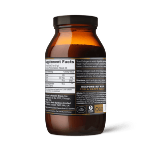 Ancient + Brave True Collagen comes in an amber glass bottle with a black lid. The black label shows supplement facts, Hydrolyzed Bovine Collagen for whole body health, product info in white text, plus recycling and certification symbols.