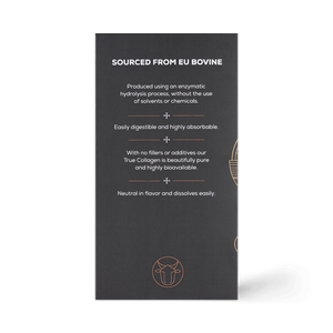 A black product box from Ancient + Brave displays True Collagen in white text, highlighting EU bovine Type I collagen, enzymatic hydrolysis for easy digestion, high bioavailability, no fillers, neutral flavor, and whole body health benefits.