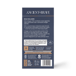 Back view of Ancient + Brave Wild Collagen Sachets box displays a detailed product description, usage instructions, certifications, and sustainability info in white text on navy. Contains Hydrolyzed Marine Collagen to support whole-body health.