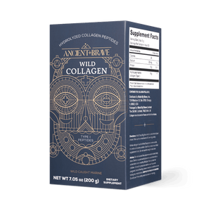A box of Ancient + Brave Wild Collagen features geometric art, product info, and supplement facts on a dark blue background. Supports whole-body health. Net weight: 7.05 oz (200g).