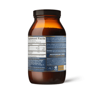 A brown glass Ancient + Brave Wild Collagen bottle features a label with nutrition facts, ingredients, Type I Hydrolyzed Marine Collagen for whole-body health, responsible sourcing details, and certification logos on the right side.