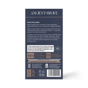 Back of an Ancient + Brave Wild Collagen box displays product details, whole-body health benefits, dosage instructions, certifications, and a gray box with white and gold text. Icons emphasize sustainability and Type I Hydrolyzed Marine Collagen quality.