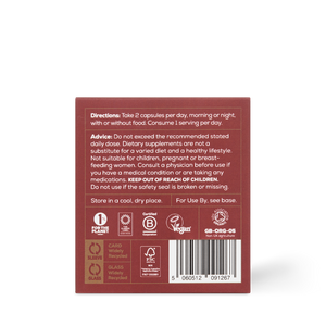 The back of the Ancient + Brave True Ashwagandha box shows directions to take 2 capsules daily, warnings, and icons. Recycling and certification symbols are at the bottom. Keep out of reach of children.