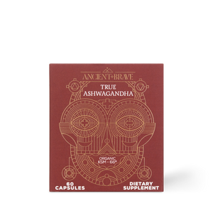 A red box of Ancient + Brave True Ashwagandha, featuring a gold geometric design. This dietary supplement contains 60 capsules with the adaptogenic herb KSM-66 to help restore balance using ancient wisdom.