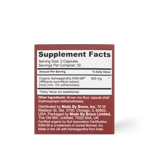 Supplement facts label for True Ashwagandha by Ancient + Brave, featuring organic Ashwagandha KSM-66 (600 mg/serving). Serving size: 2 capsules, 30 servings per container. Includes other ingredients and manufacturer details.