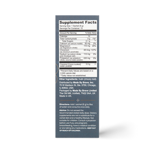 The Ancient + Brave True Hydrate Sachets box features a Supplement Facts label with nutritional info, electrolytes, a mineral blend for active lifestyles, as well as directions and warnings.