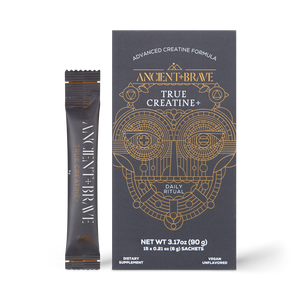 A black box of Ancient + Brave True Creatine+ Sachets, featuring gold geometric artwork and text, with a single sachet beside it. This vegan, unflavored supplement is crafted for enhanced energy and performance.