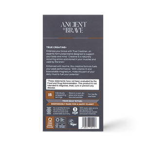 The back of an Ancient + Brave True Creatine+ Sachets box features product details, usage directions, and supplement facts in white and gold text on a dark background, highlighting its focus and performance benefits.