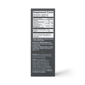 Black box with a white Supplement Facts label shows nutrition info, ingredients, serving size, distributor, and usage for Ancient + Brave True Creatine+ Sachets. Label warns: keep out of reach of children.