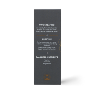 A dark-colored Ancient + Brave True Creatine+ Sachets box highlights ingredients for body and mind support: creatine for performance and focus, plus balanced nutrients including taurine, vitamin D, and magnesium.