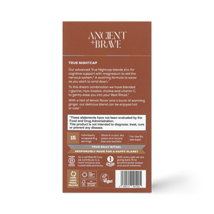 The image shows the back of an Ancient + Brave True Nightcap Sachets box, highlighting its soothing blend, product description, usage instructions, nutrition info, FDA evaluation warning, certifications, and sustainability details.