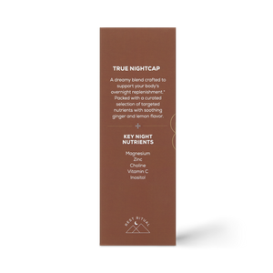 A brown panel labeled True Nightcap Sachets by Ancient + Brave describes a ginger lemon sleep supplement with magnesium, zinc, choline, vitamin C, and inositol for your nightly Rest Ritual.