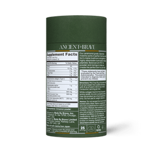 A green cylindrical container labeled Ancient + Brave Matcha + Collagen displays supplement facts, collagen peptides among the ingredients, and usage instructions for ceremonial grade matcha in white and gray text on the side.