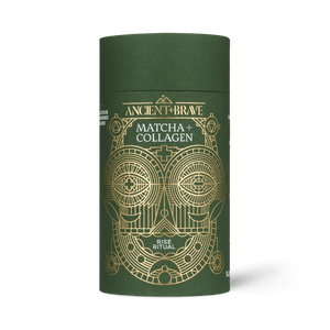 A green cylindrical Ancient + Brave Matcha + Collagen container featuring a gold geometric owl and "Rise Ritual" text. Contains Collagen Peptides and Ceremonial Grade Matcha for a nourishing daily ritual.