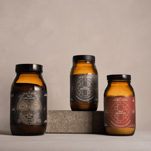 Three brown glass jars with labels on a neutral background. True Collagen, True Creatine and True Nightcap.