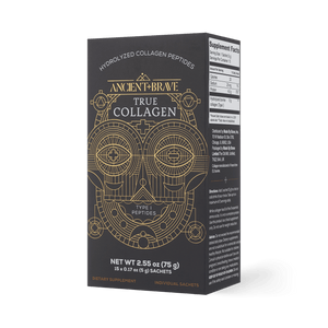 A black box of Ancient + Brave True Collagen Sachets with gold geometric accents and lettering. The front shows product details; the side highlights Hydrolyzed Bovine Collagen for whole body health support.
