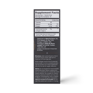 The supplement facts label for Ancient + Brave True Collagen Sachets lists serving size, calories, sodium, protein content, distributor info, directions for use, ingredients, and warnings to support whole body health.