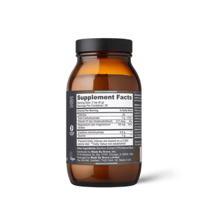 Brown supplement bottle with label on a transparent background
