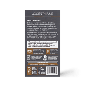 Back label of a supplement package with 'Ancient & Brave' branding on a transparent background