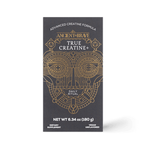 Supplement package labeled 'True Creatine+' with decorative design on a plain background