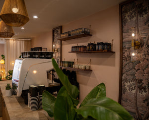 A cozy coffee shop interior with a large espresso machine, black paper cups, shelves displaying jars and mugs, green plants, and warm lighting from hanging lamps and wall sconces.