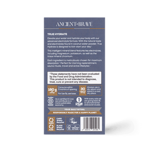 The Ancient + Brave True Hydrate box details benefits for active lifestyles, usage instructions, eco-friendly certifications, and a disclaimer. Its design features white text on a blue and gray background with icons along the bottom.