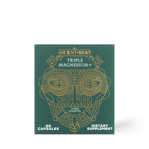 A green box labeled Ancient + Brave Triple Magnesium+ Capsules features a gold geometric design. Text highlights three bioavailable magnesium sources for relaxation, contains 60 capsules, and indicates it’s a dietary supplement.
