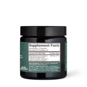 A dark brown supplement jar labeled Triple Magnesium+ Capsules by Ancient + Brave highlights bioavailable Magnesium (240 mg, 57% DV) as the main ingredient, alongside other details—ideal for supporting relaxation.