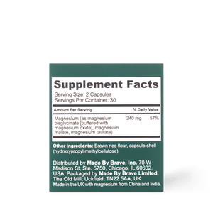 Supplement Facts label for Triple Magnesium+ Capsules by Ancient + Brave, featuring 240 mg bioavailable Magnesium (57% DV) per serving from multiple sources, additional ingredients, distributor info, and country of manufacture—ideal for quality magnesium support.