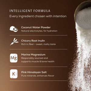 A brown promotional graphic for a electrolytes supplement powder. Text reads 'INTELLIGENT FORMULA' and lists ingredients: Coconut Water Powder, Chicory Root Inulin, Marine Magnesium, and Pink Himalayan Salt.