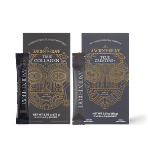 Ancient + Brave US Power Duo Packets are displayed with matching sachets; sleek black boxes with gold geometric designs highlight their collagen peptides and creatine supplements for energy metabolism.