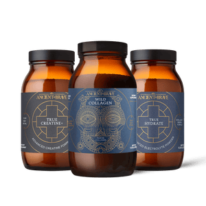 Three amber jars with dark blue and gold labels from Ancient + Brave US's Post Workout Ritual, featuring supplements for rehydration, muscle recovery, and electrolyte balance, are arranged on a white background.