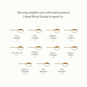 Infographic featuring Ancient + Braves Ritual Scoop serving sizes with golden or stainless steel icons: True Collagen 8g, Wild Collagen 9g, Radiant Collagen 7g, True Creatine 7.5g—ideal as a wellness gift or daily ritual guide.