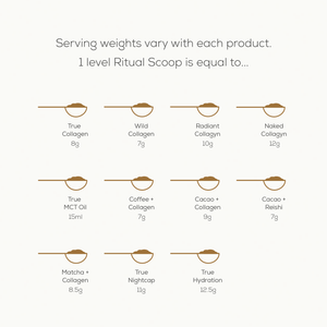 Chart showing serving weights for Ancient + Brave products measured with the Ritual Scoop: True Collagen 8g, Wild Collagen 7g, Radiant Collagen 10g. The Ritual Scoop makes a thoughtful wellness gift or addition to your stainless steel set.