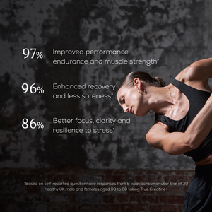 Person flexing muscles with fitness benefits text on a dark background