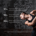 Person flexing muscles with fitness benefits text on a dark background