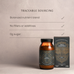 Amber supplement bottle and packaging with text on a beige background